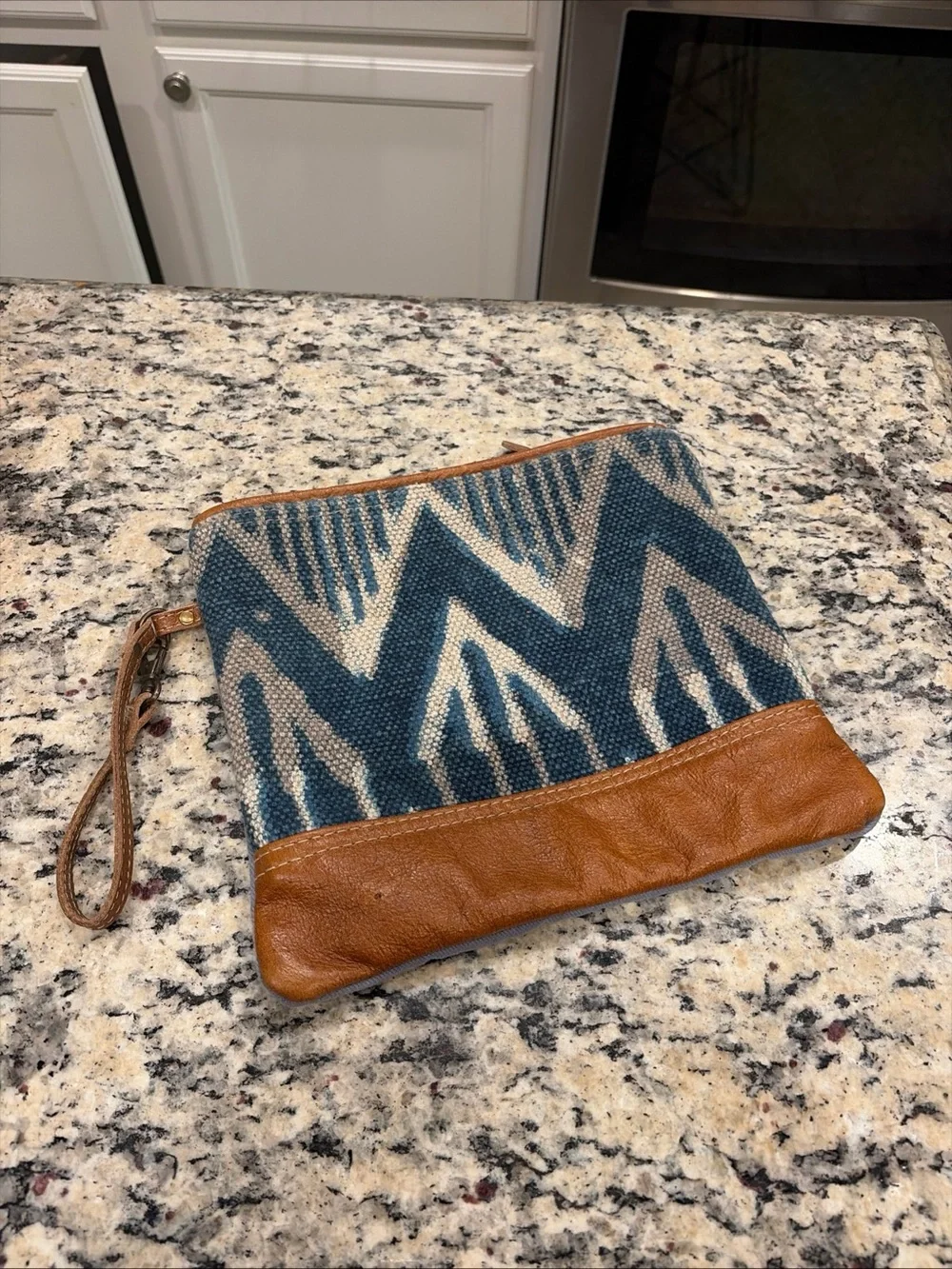 Myra Bag Blue Chevron Zip Wristlet Pouch Clutch Brown Trim Women’s 10” x 10”
